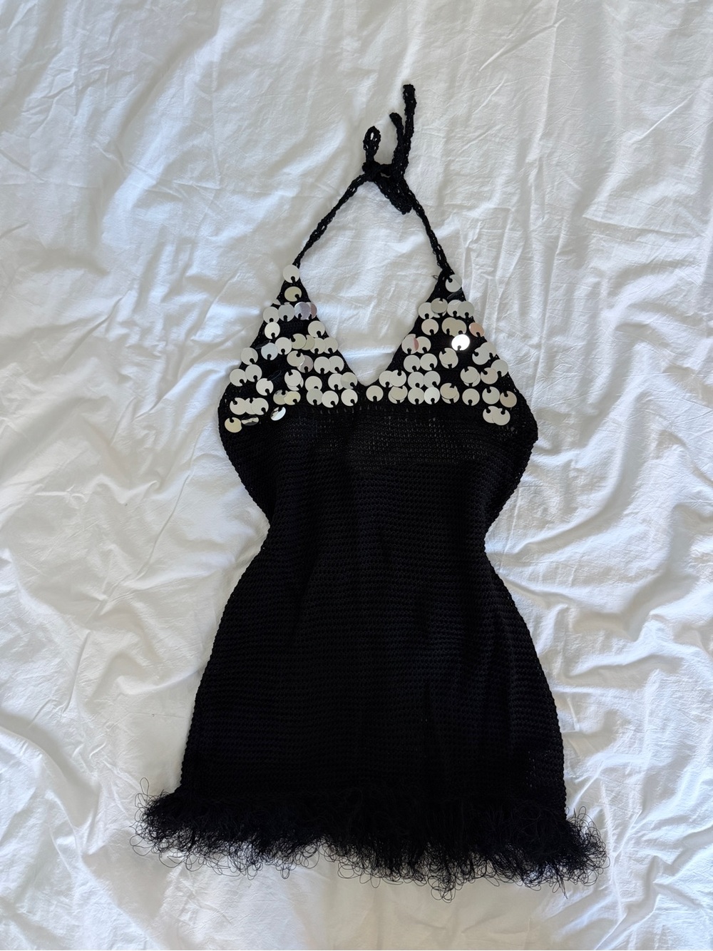 Black Silver Sequin Halter Knit Dress Crochet Knit